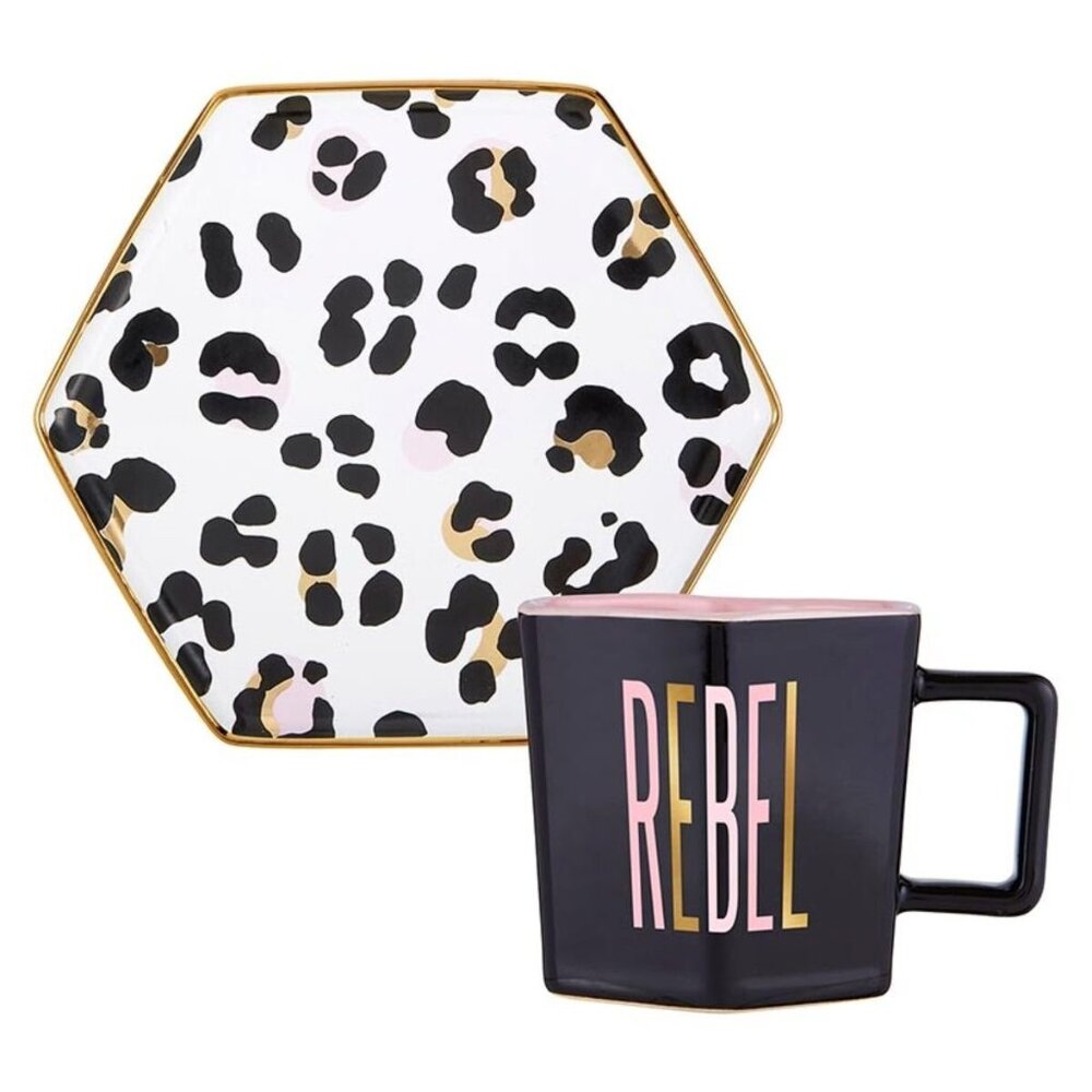 Cappuccino Cup & Saucer Set Hexagon 6 oz Black  Pink Gold Ceramic 'REBEL' NEW